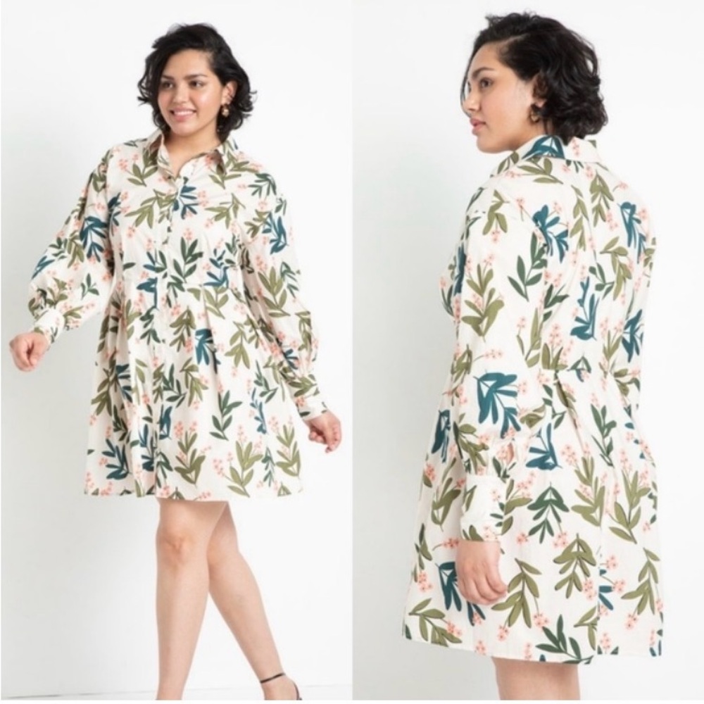 Eloquii Cream and Green Floral Dress. Size 26 100% cotton